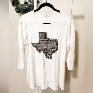 First Look White Tunic with Texas Sequin Patch 3/4 Length Sleeves size small